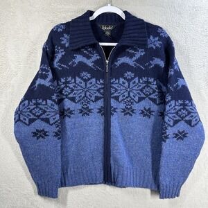 Rafaella 100% Shetland Wool Fair Isle Sweater Women's L Full Zip Blue Holiday